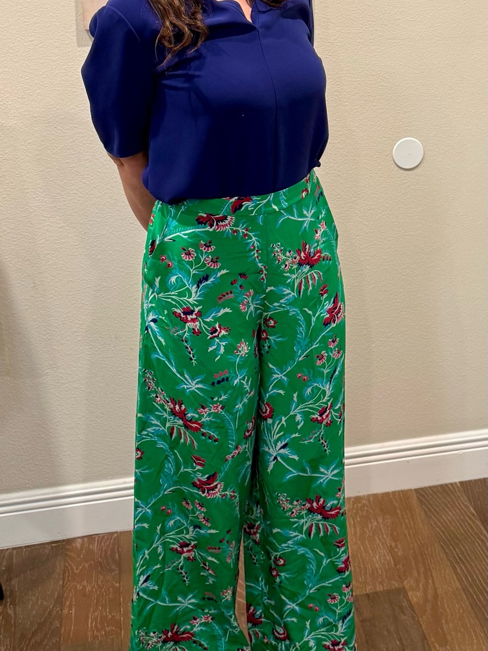 LK Bennett TR Montana Green Floral Wide-Leg  Silk Trousers